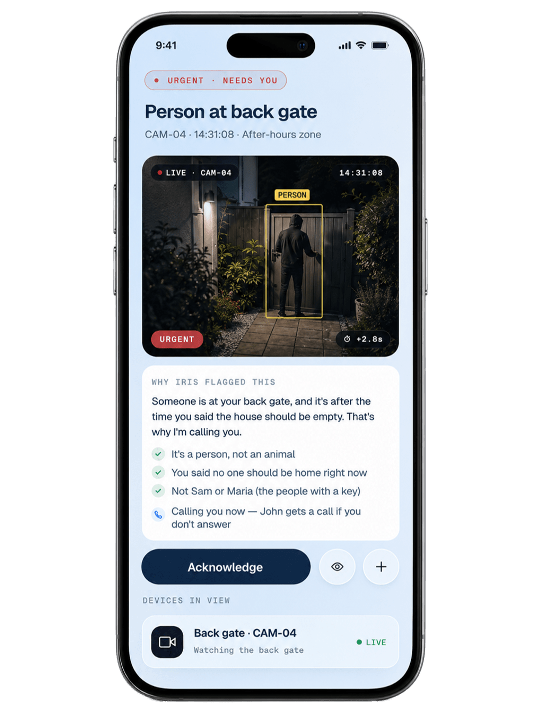 Nsight app — urgent alert detail with live camera and Iris reasoning