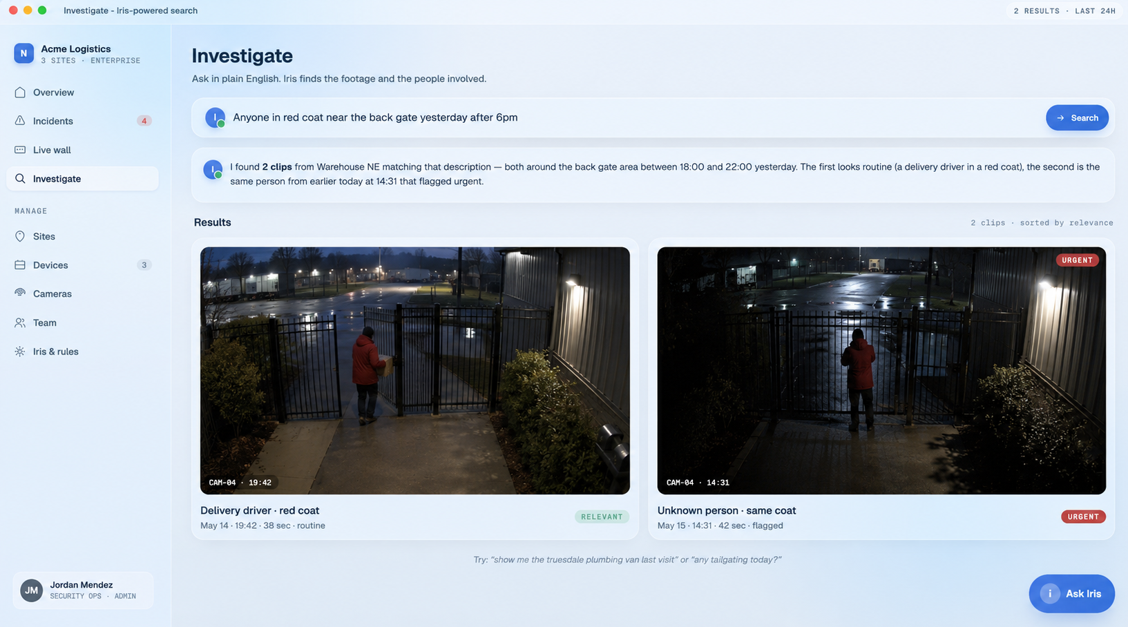 Nsight Enterprise console — Iris-powered natural-language search across cameras and sites